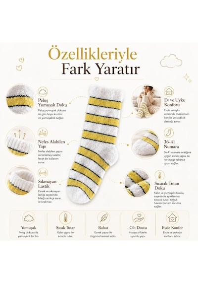 DS Wak Peluş Çizgili Kadın Uyku Çorabı 36-40 Yumuşak Sıcak Tutan Sıkmayan Ev Çorabı Sarı Beyaz