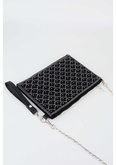 Vivaq Kadın Balık Gümüş Taşlı Süet Bilek Askılı Ve Zincir Askılı Portföy El Ve Clutch Çanta SİYAH