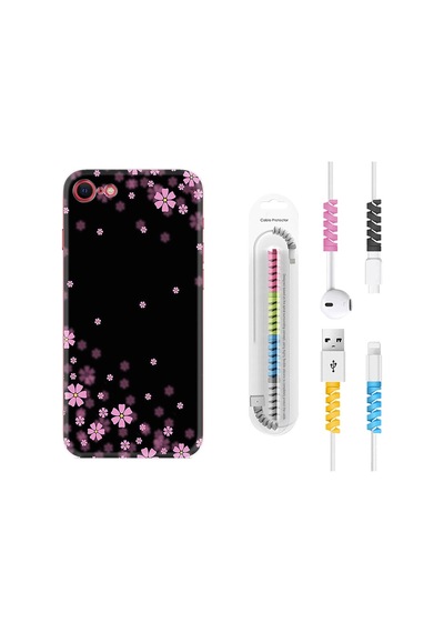 Apple Uyumlu iPhone 7 8 Kılıf Kablo Koruyuculu Black Flowers 1391