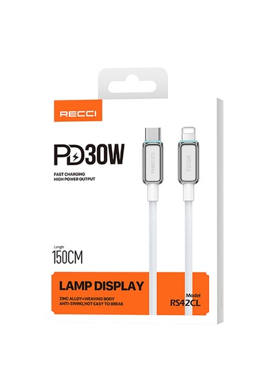 Recci Rs42cl Lamp Display Serisi Type-c To Lightning Pd 30w Data Ve Şarj Kablosu 1.5m Gümüş