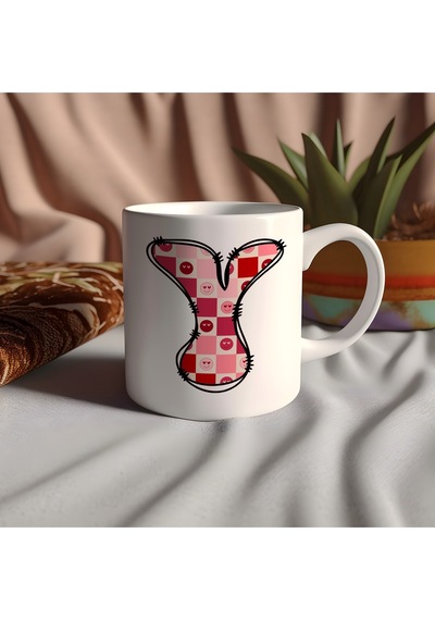 Y Harfi Pembe Kareli Kalpli Göz Emojili Kupa Bardak Eğlenceli Kareli Tasarım Kahve Çay Kupası 07 Beyaz