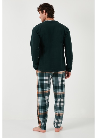 Buratti Ekoseli Regular Fit Düğmeli Bisiklet Yaka Kışlık Polar Erkek Pijama Takımı 60961008 Yeşil