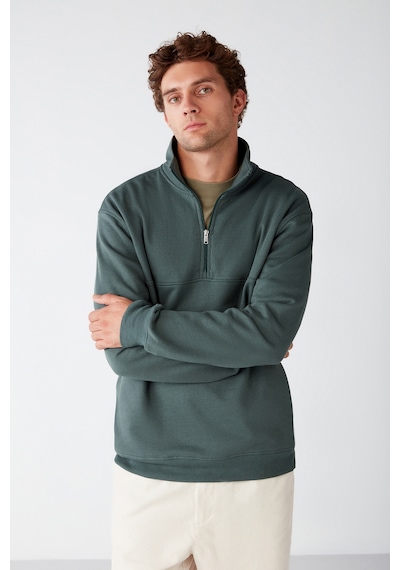 Grımelange Frame Erkek Yarım Fermuarlı Dik Yakalı Yumuşacık Kumaşlı Polarlı Regular Yeşil Sweatshirt