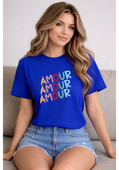 Herkesemoda Amour Baskı Detaylı Basic T-shirt Mavi