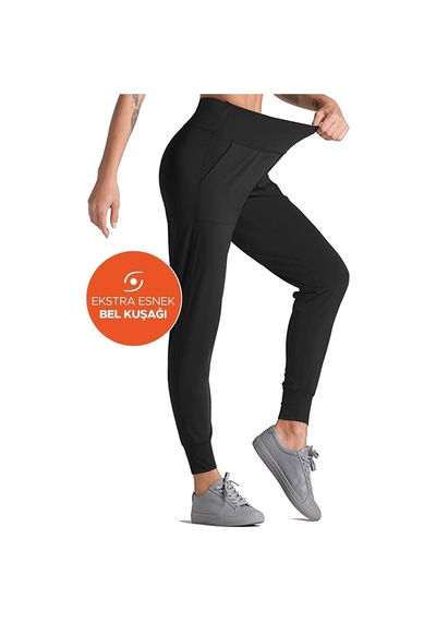 Winmoda34 Kadın Siyah Yüksek Bel Jogger Eşofman Altı Joggers Siyah