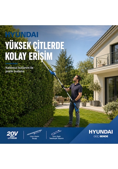 Hyundai Hy20cpht 20v Max Akülü Uzun Saplı Çit Budama Makinesi 16 Mm Kesim Akü Ve Şarj Cihazı Hariç