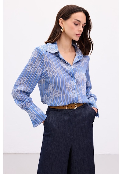 Sateen Geniş Manşetli Gömlek - Mavi-136905 Mavi