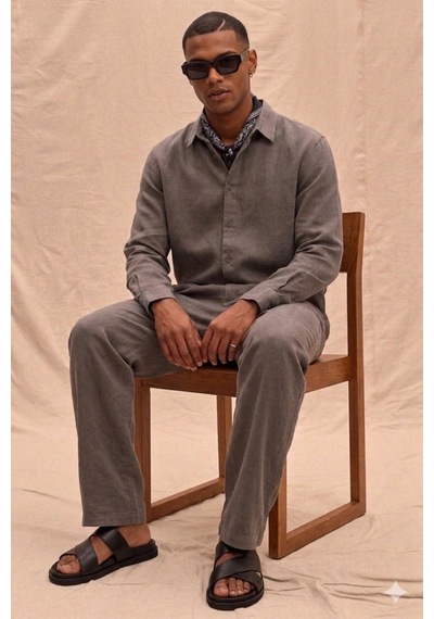 Tarz Cool Erkek Haki Tencel Kumaş Oversize Gömlek Pantolon Takım Rahat Kesim Yazlık Kombin