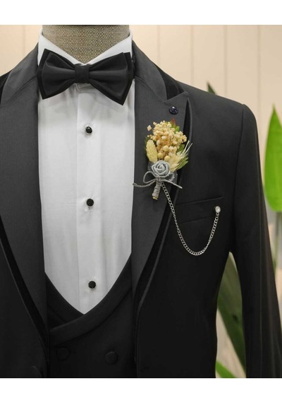Bys Beystil Şal Yaka Üzerine Sivri Yaka Siyah Damatlık & Smokin Takım 446- Slim Fit