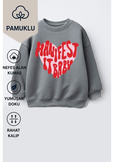 Monila Kız Çocuk 3 İplik Kumaş Baskılı Pamuklu Sweatshirt Antrasit