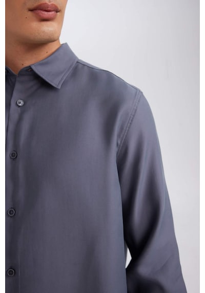 DeFacto Relax Fit Polo Yaka Twill Modal Karışımlı Basic Düz Uzun Kollu Gömlek D3376AX24AUAR174 Antrasit