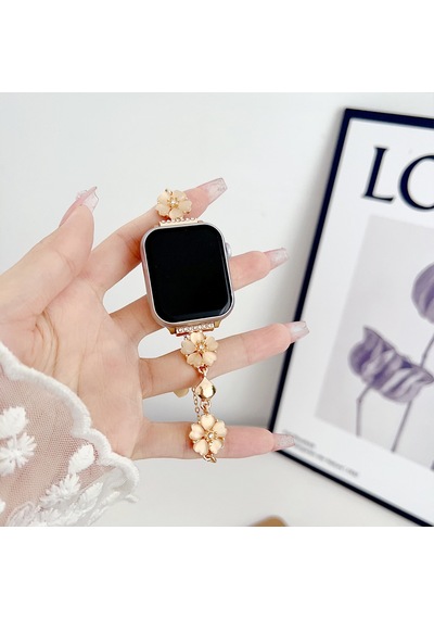 Apple Uyumlu  Watch Seri 4 5 6 7 8 9 10 44-45-46mm Çiçekli Ve Kalp Zincir Detaylı Bileklik Tasarım Kordon