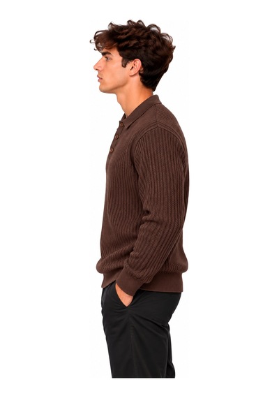 Erkek Polo Yaka Uzun Kollu Standart Fit Kalıp Kazak 27001 Kahverengi