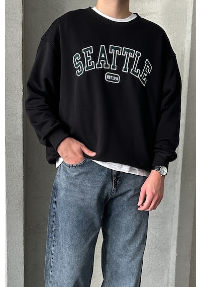 Erkek Seattle Baskılı Oversize Sweatshirt Çok Renkli