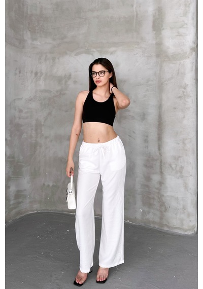 HLT Jeans Beyaz Kadın Bel Lastik Detaylı İnce Dökümlü Baggy Keten Pantolon Emily-3021 Beyaz