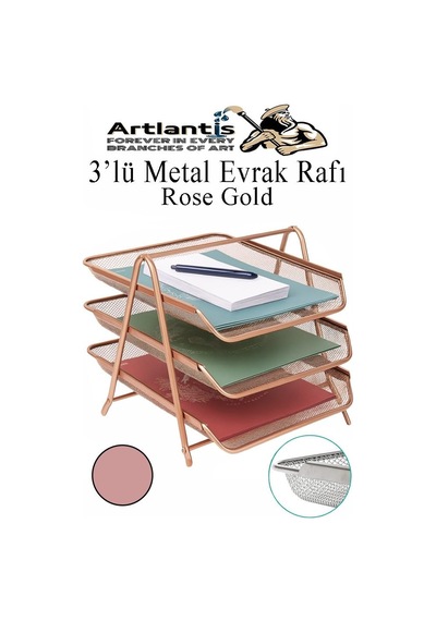 Metal Evrak Rafı 3 Lü 1 Paket Masa Üstü A4 Dosya Düzenleyici Kağıt Tepsisi Metal Fileli Üç Katlı Hareketli Perfore Bakır Yaldız