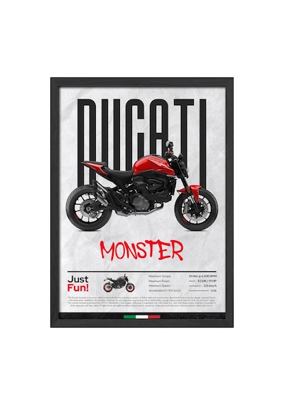Ducati Monster Siyah Ahşap Çerçeveli Poster, Dekoratif Motosiklet Duvar Tablosu