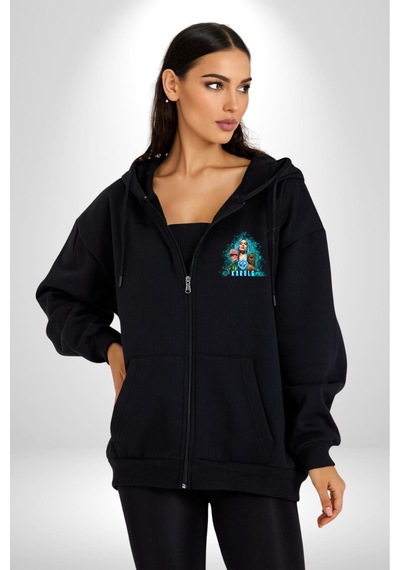 Angemiel Karol G Şarkıcı Kadın Erkek Siyah Kapüşonlu Fermuarlı Baskılı Hırka Sweatshirt Siyah