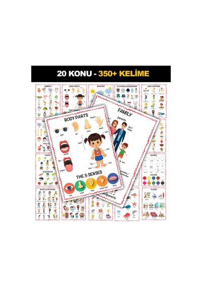 İlk Kelimelerim İngilizce Türkçe 350+ Kelimelik 20 Konu Eğitici Poster Seti 33x24cm - 906540460