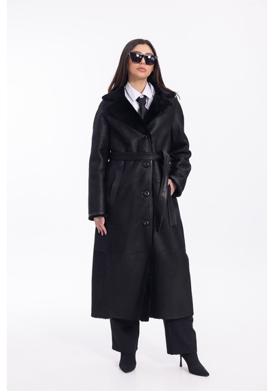 M M Marki Marki Kadın Siyah Hakiki Deri Oversize Palto İçi Kürklü Kuşaklı Premium 120 Cm - 121922