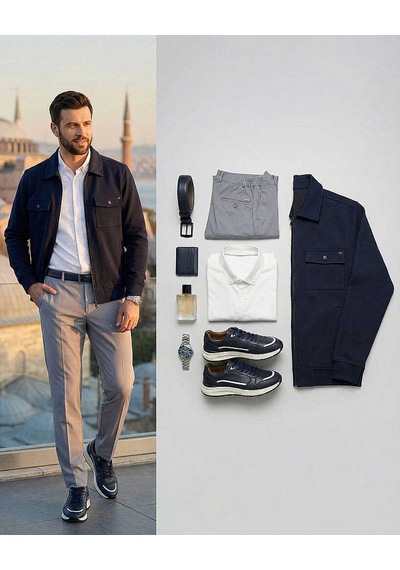 Bys Beystil Erkek Lacivert Slim Fit Gömlek Yaka Fermuarlı Hırka 2442