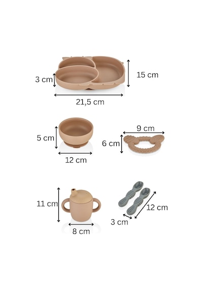 2'li Silikon Bebek Beslenme Seti / Bölmeli Mama Tabağı / Mama Kaşığı Mocca
