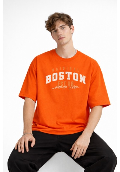 Misa Tahtakale Boston - Baskılı Oversize Tişört Turuncu Çok Renkli