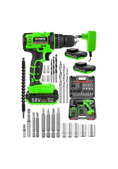 Böhrer Bh5802x Böhr 58v 5 Ah Pro Hummer Green Çift Akülü Yüksek Torq +24 Vidalama Şarjlı Matkap Set