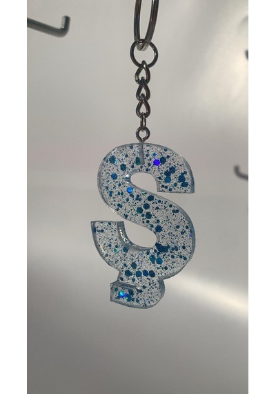 Ş Harfi Şeffaf Epoksi Mavi Glitter Süslü Gümüş Halka Anahtarl