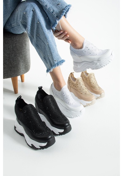 Dabab Shoes Olıvıa Siyah Taş Detaylı 10 Cm Gizli Topuk Platform Slip-on Sneaker Ayakkabı