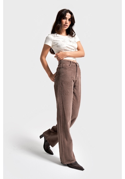 Itsbasic Kadın Pastel Kahve Doris 29w5-140 Straight Fit Yüksek Bel Kalın Fitilli Velvet Kadife Kumaş Pantolon