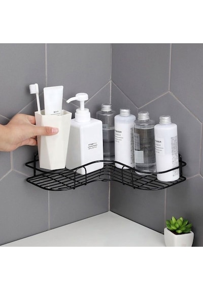 Tekli Geniş Banyo Rafı L Tasarım Banyo Düzenleyici Yapışkanlı Çok Amaçlı Köşe Rafı Organizatör Siyah