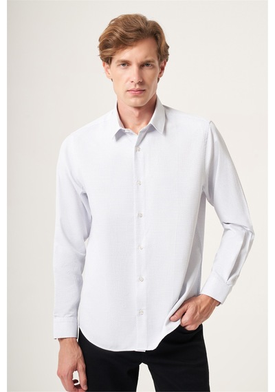 İmza Beyaz-lacivert Sert Yaka Slim Fit Pamuklu Gömlek 1004265123 Beyaz - Lacivert