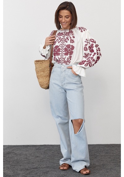 Femelle Kadın Yeni Sezon Komple Çiçek Nakış İşlemeli Tasarım Vintage Bluz Beyaz