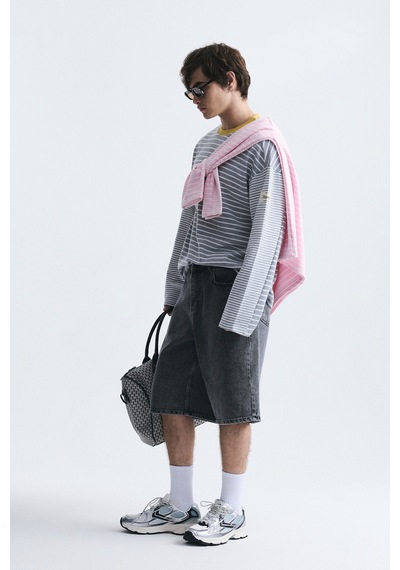 Vamos Kontrast Yaka Çizgili Sweatshirt Ekru-gri