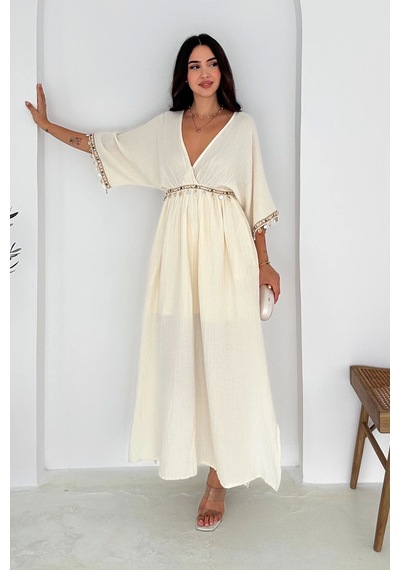 Asprin Fashion Anvelop Yaka Pullu Elbise Beyaz Beyaz