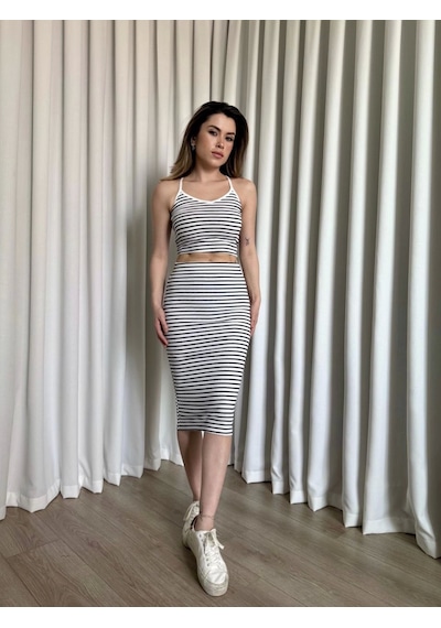 Kazax Çizgili Etek Crop Takım Beyaz