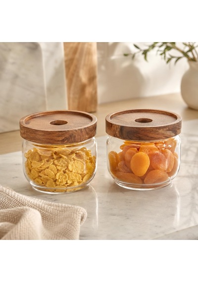 300 Ml Cam Kahvaltılık 2 Li Set, Akasya Kapaklı Şeffaf Cam Saklama Kavanozu, Kahvaltı Sunum Kabı, Zeytin Reçel Bal Kuruyemiş Sos Atıştırmalık Kavanozu