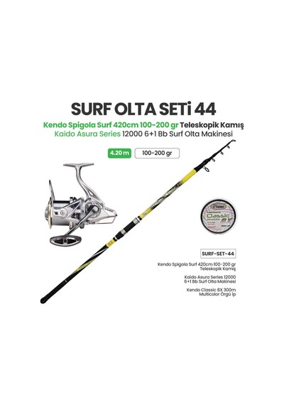 Kendo Spigola Surf 420cm 100-200 Gr Teleskopik Kamış + Kaido Asura Series 12000 6+1 Bb Surf Olta Makinesi + Surf Olta Seti 44