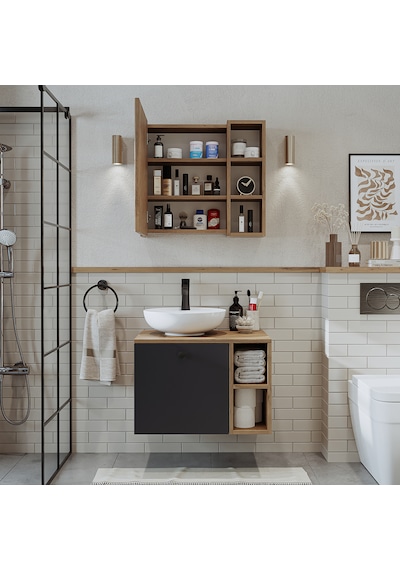 Lotus Lavabolu Mdf 65 Cm Banyo Dolabı + Aynalı Üst Dolap Atlantik Çam - Antrasit Lotus Lavabolu Mdf 65 Cm Banyo Dolabı + Aynalı Üst Dolap Atlantik Çam - Antrasit