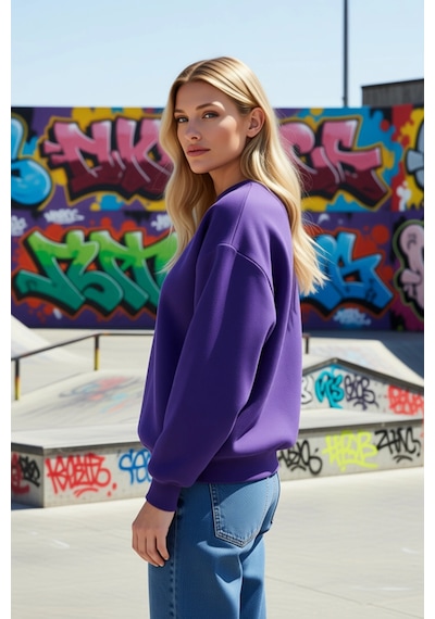 Benerly Kadın Bisiklet Yaka Düşük Kol Regular Kalıp Örme Sweatshirt Fonks Mor