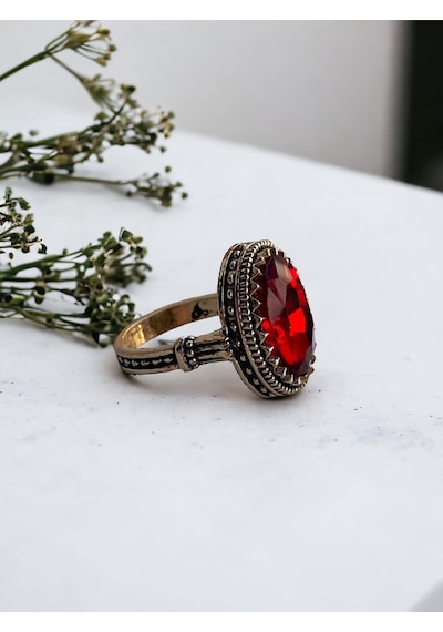 Kristal Taşlı Oval Yüzük Fayra-a7933yzk Kırmızı