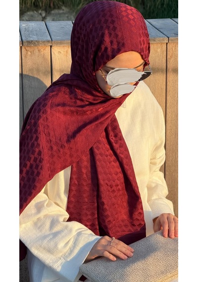 Qalortex Scarf Premium Pamuklu Jakar Şal-bordo