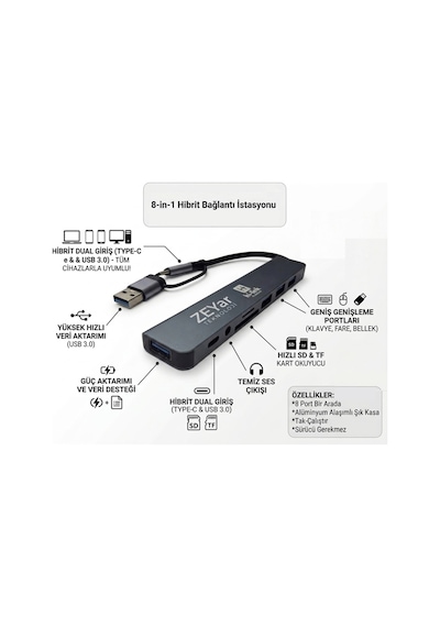 8-in-2 Hub Usb 3.0 &amp Type-c Hibrit Girişli Sd Kart Okuyucu Ses Çıkışlı Adaptör Tüm Cihazlarla Uyumlu