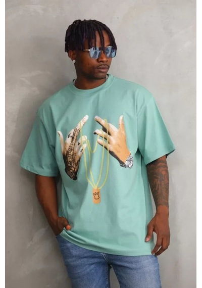 Yake Store Unisex Baskılı Oversize T-shirt - Mint Yeşili - Mint Yeşili Yeşil