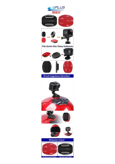 Gplus Bs01y 2 Parça Flat Zemin Düz Yüzey Aksiyon Kamera Uyumlu 3m Yapışkanlı Motor Kask Bağlantı Aparatı Siyah