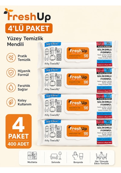 Freshup Yüzey Temizlik Mendili 4 Adet 100'lü Beyaz