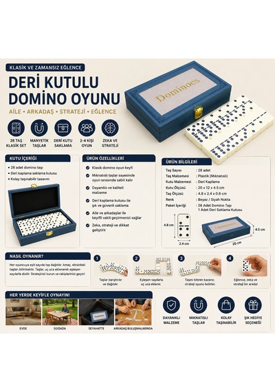 Deri Kutulu Domino Oyunu 28 Taş Klasik Masa Oyunu Aile Eğlence Strateji Seti 20 Cm Saklama Kutulu