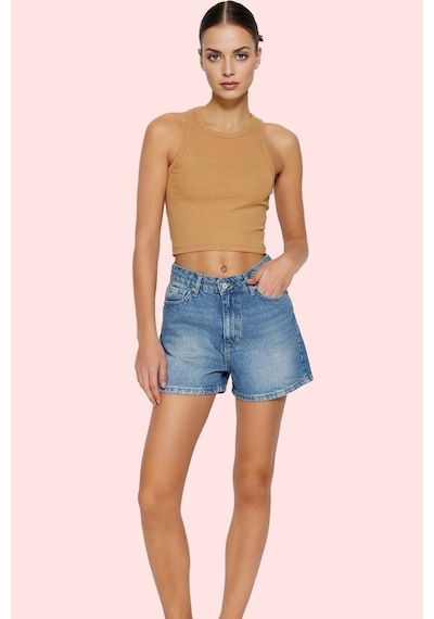 Ersefa Kadın Pamuklu Denim Şort City Short Kalıp Mom Siluet Rahat Günlük mavi