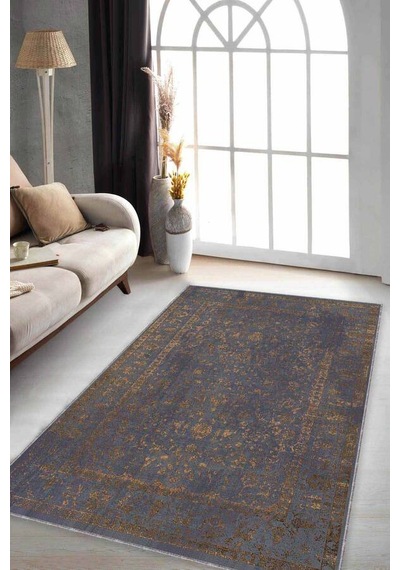 Antrasit Vintage Kaymaz Tabanlı Dekoratif Halı Kr024n11